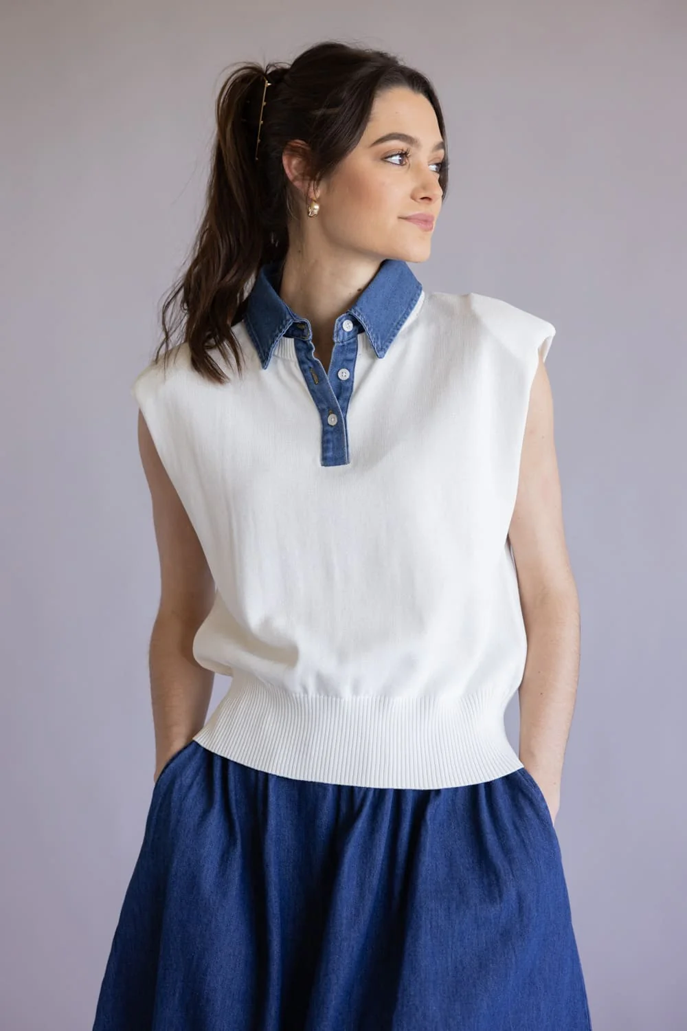 Elan Denim Accent Sweater Vest for Women in White | SW11594-WHT