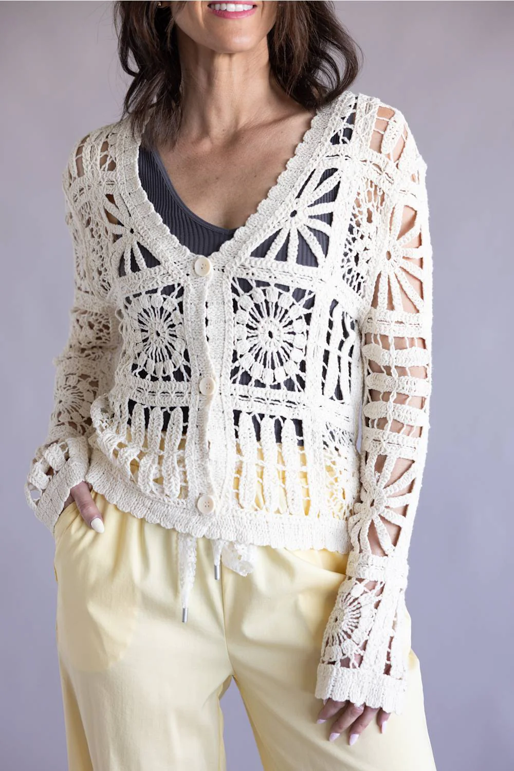 Elan Crochet Cardigan for Women in Off White | SW11665-NAT - Image 4