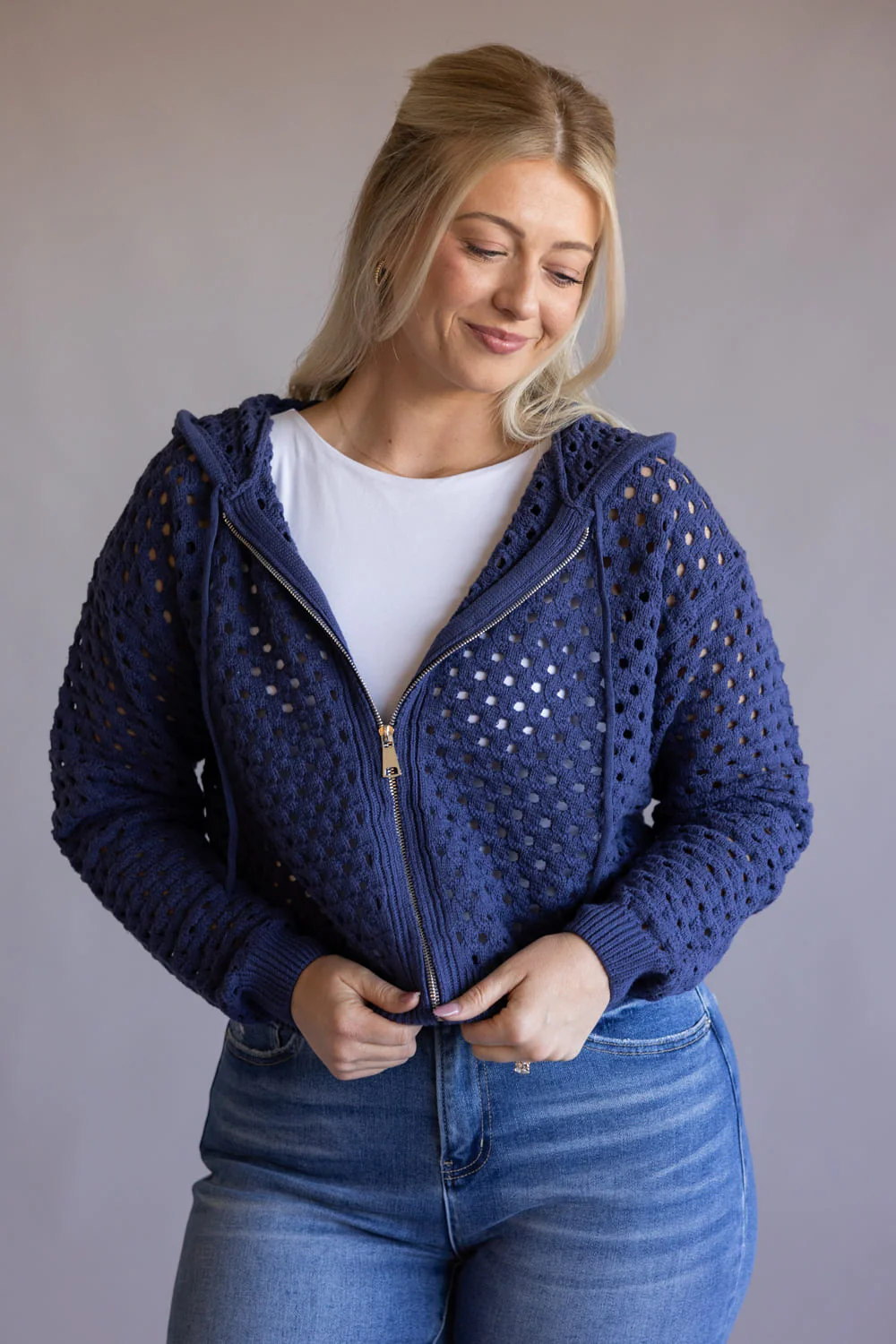 Elan Open Knit Fuzzy Hooded Cardigan for Women - Image 2
