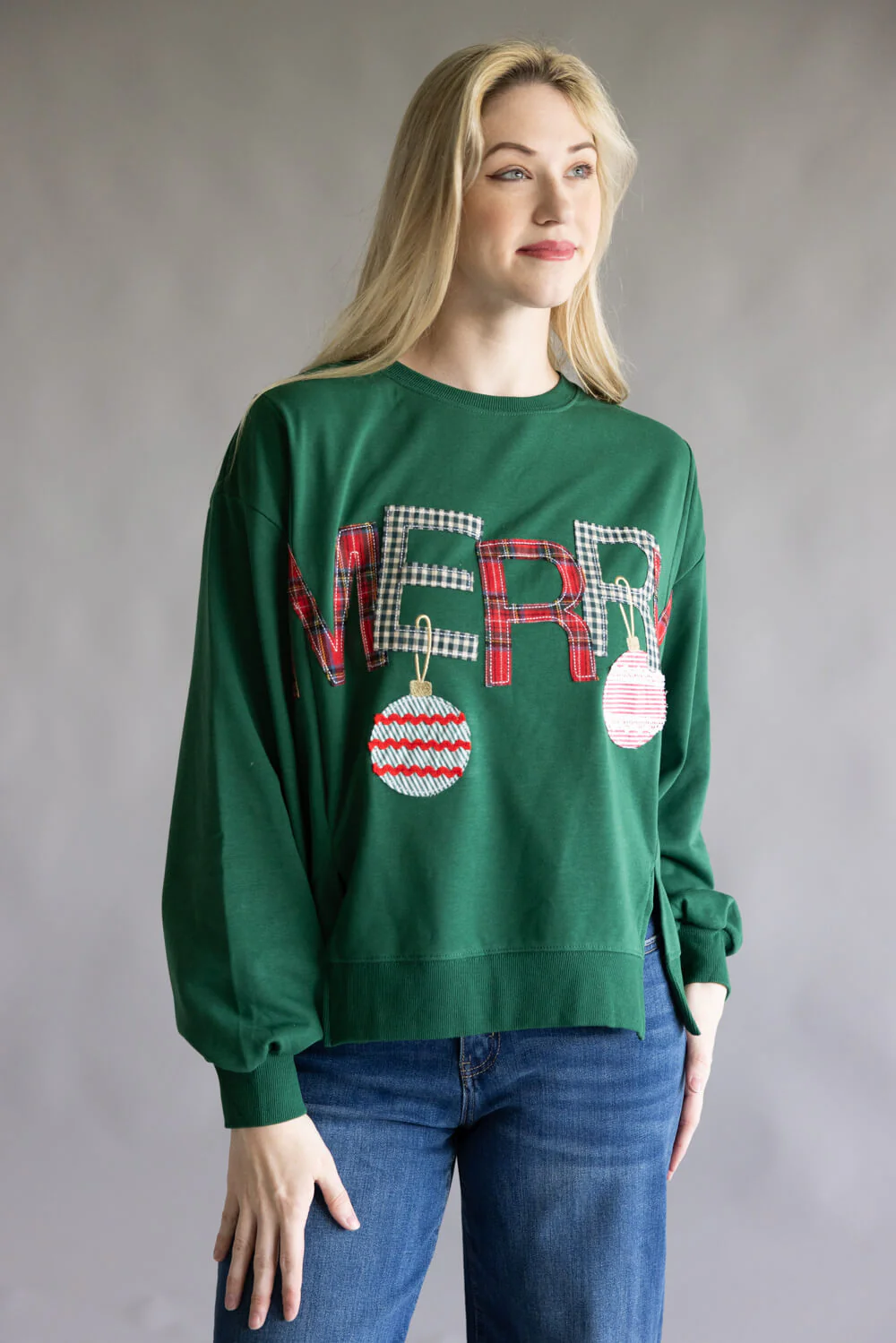 Embroidered Merry Pullover for Women in Hunter Green | CT34470-HUNTERGREEN
