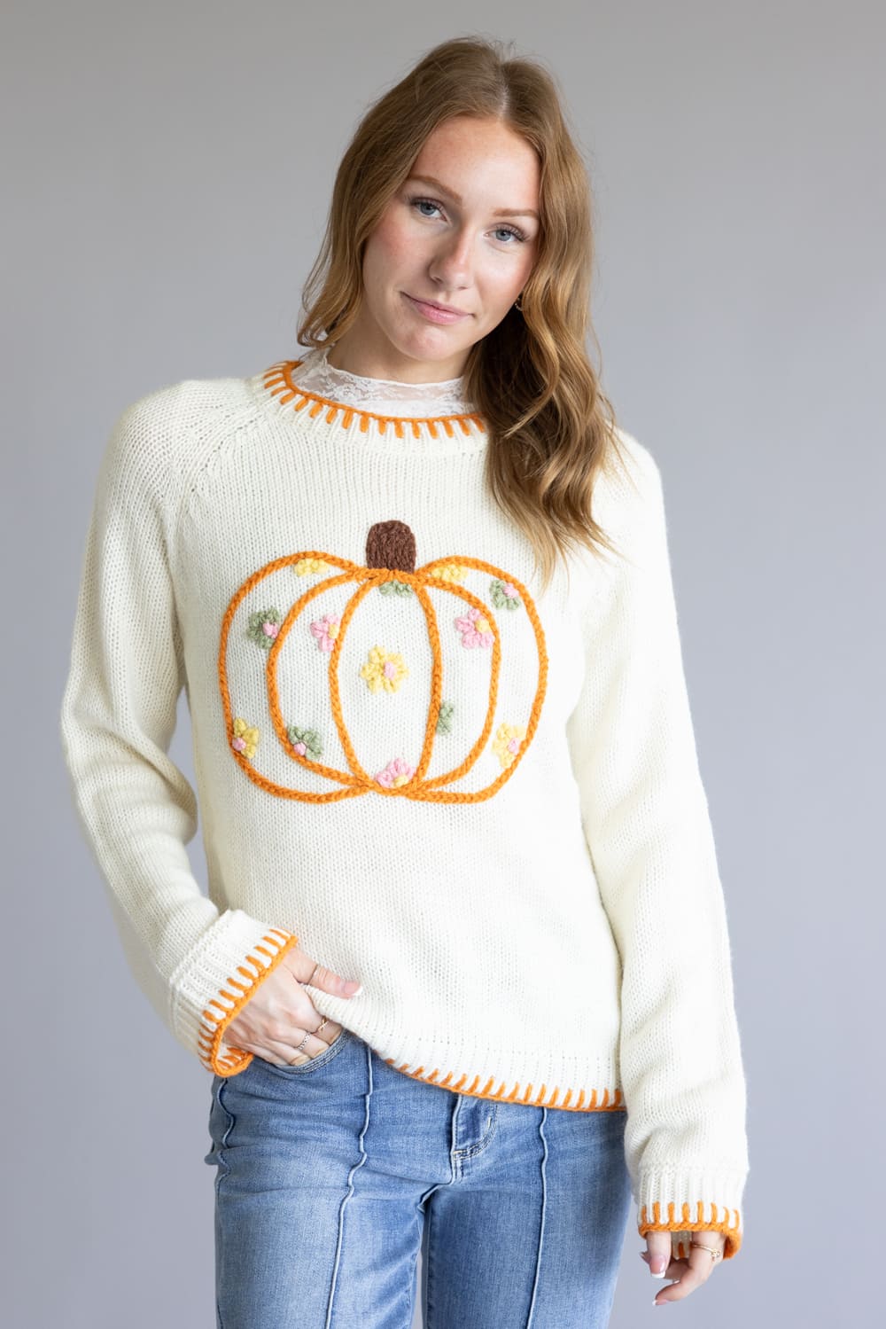 Embroidered Pumpkin Floral Blanket Stitch Sweater for Women in Ivory | JT1527-09-IVORY