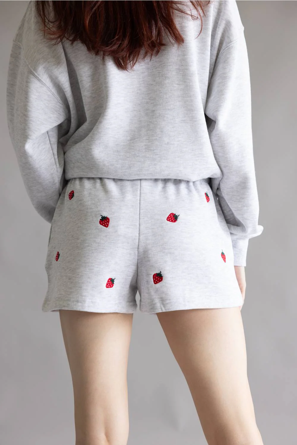 Embroidered Strawberry Fleece Shorts for Women in Ice Grey | H032-ICEGREY - Image 2