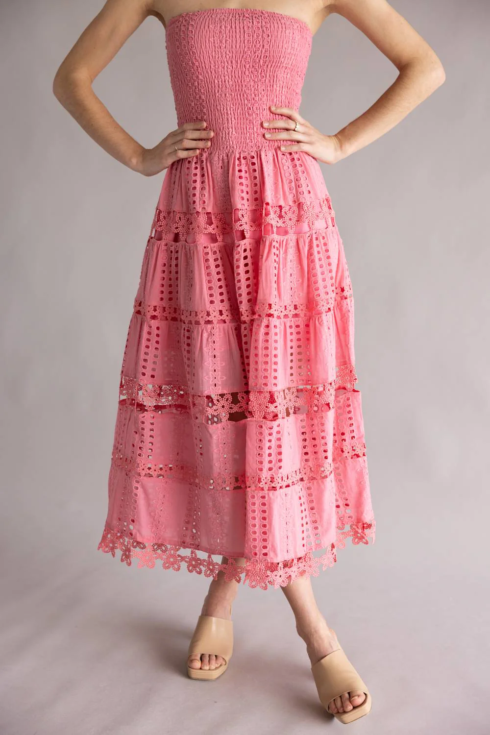 Strut & Bolt Eyelet Strapless Midi Dress for Women in Confetti Pink | D-2192-H-CNFTPNK - Image 2