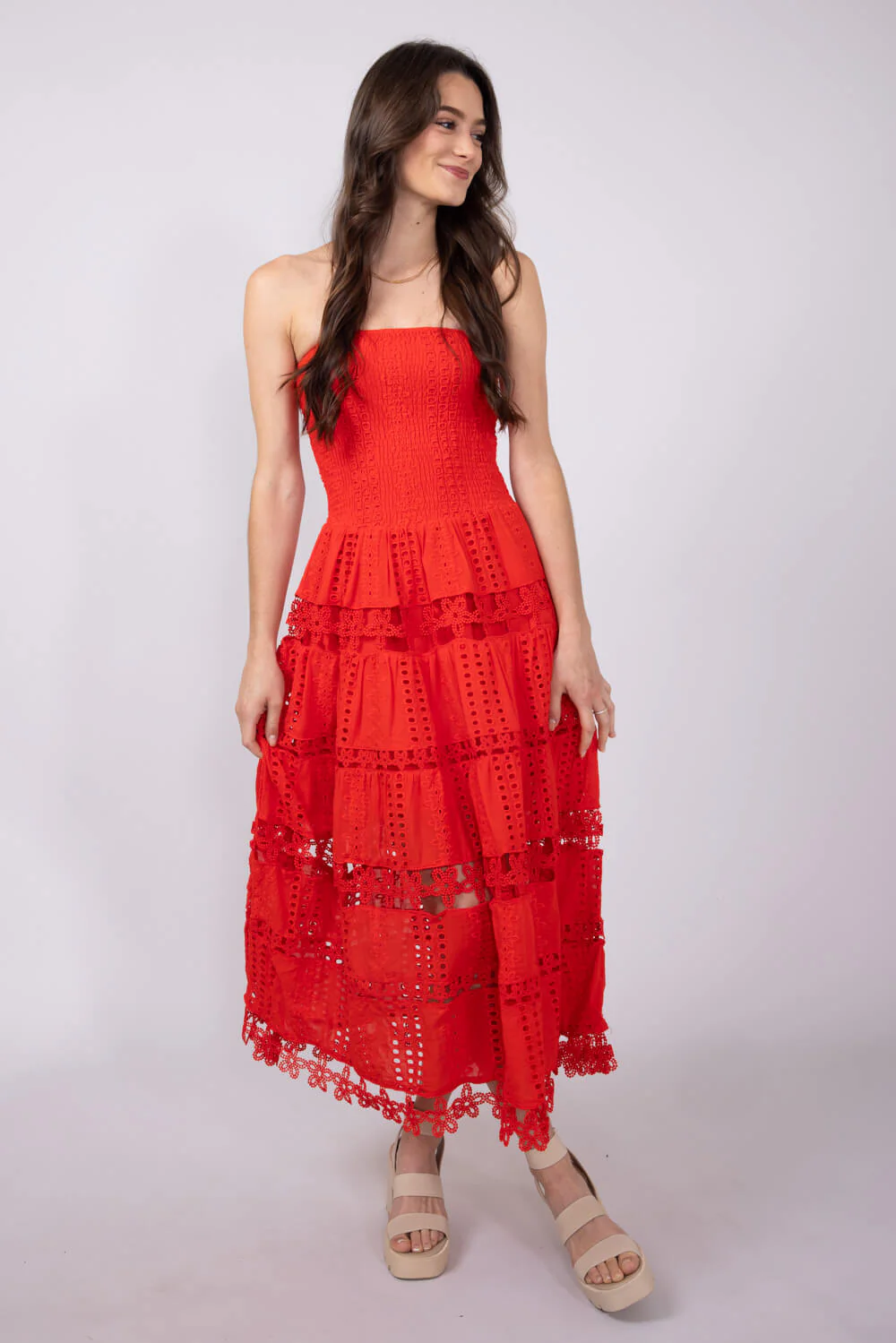 Strut & Bolt Eyelet Strapless Midi Dress for Women in Red | D-2192-H-RED - Image 2