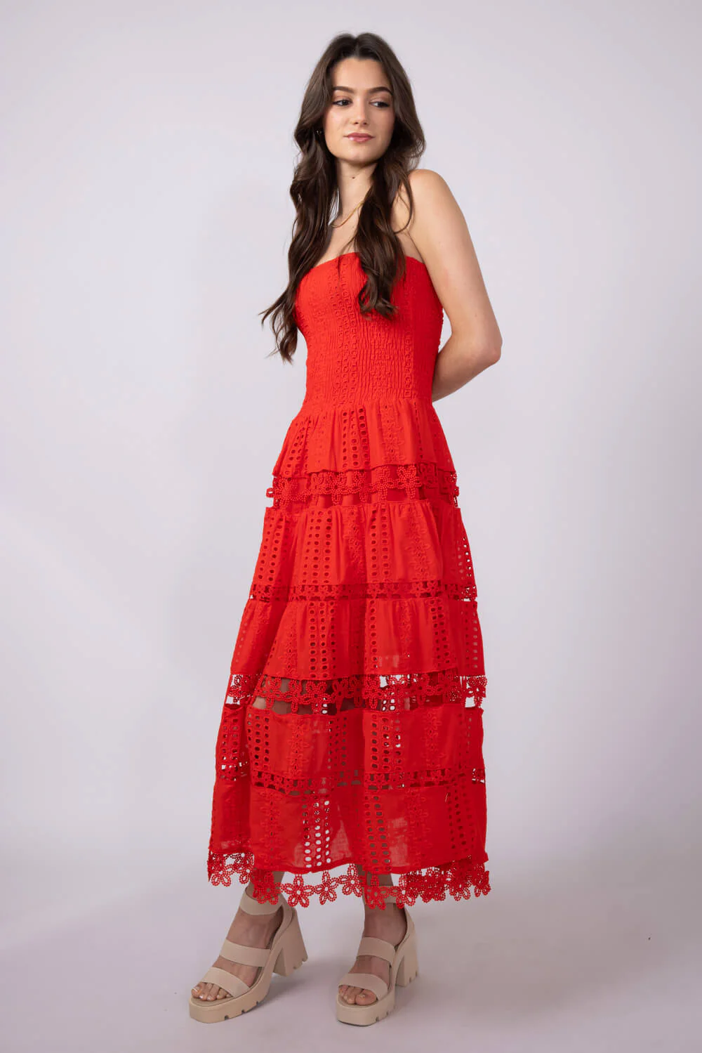 Strut & Bolt Eyelet Strapless Midi Dress for Women in Red | D-2192-H-RED - Image 4