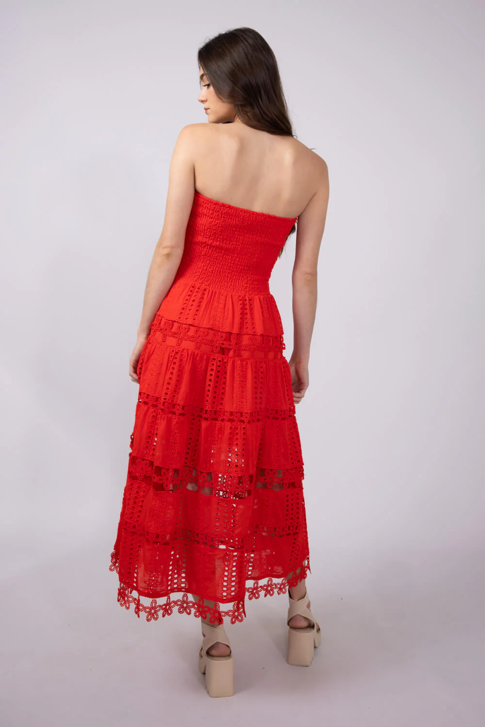 Strut & Bolt Eyelet Strapless Midi Dress for Women in Red | D-2192-H-RED - Image 5