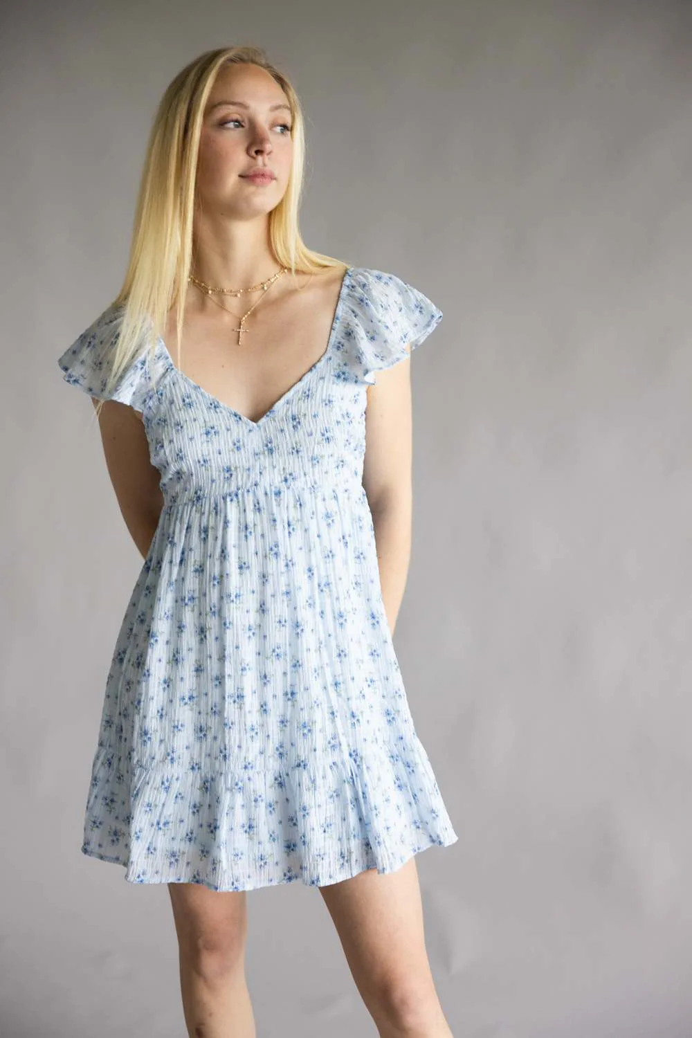 Very J Floral Flutter Sleeve Dress for Women in Sky Blue | VD33896-SKY - Image 3
