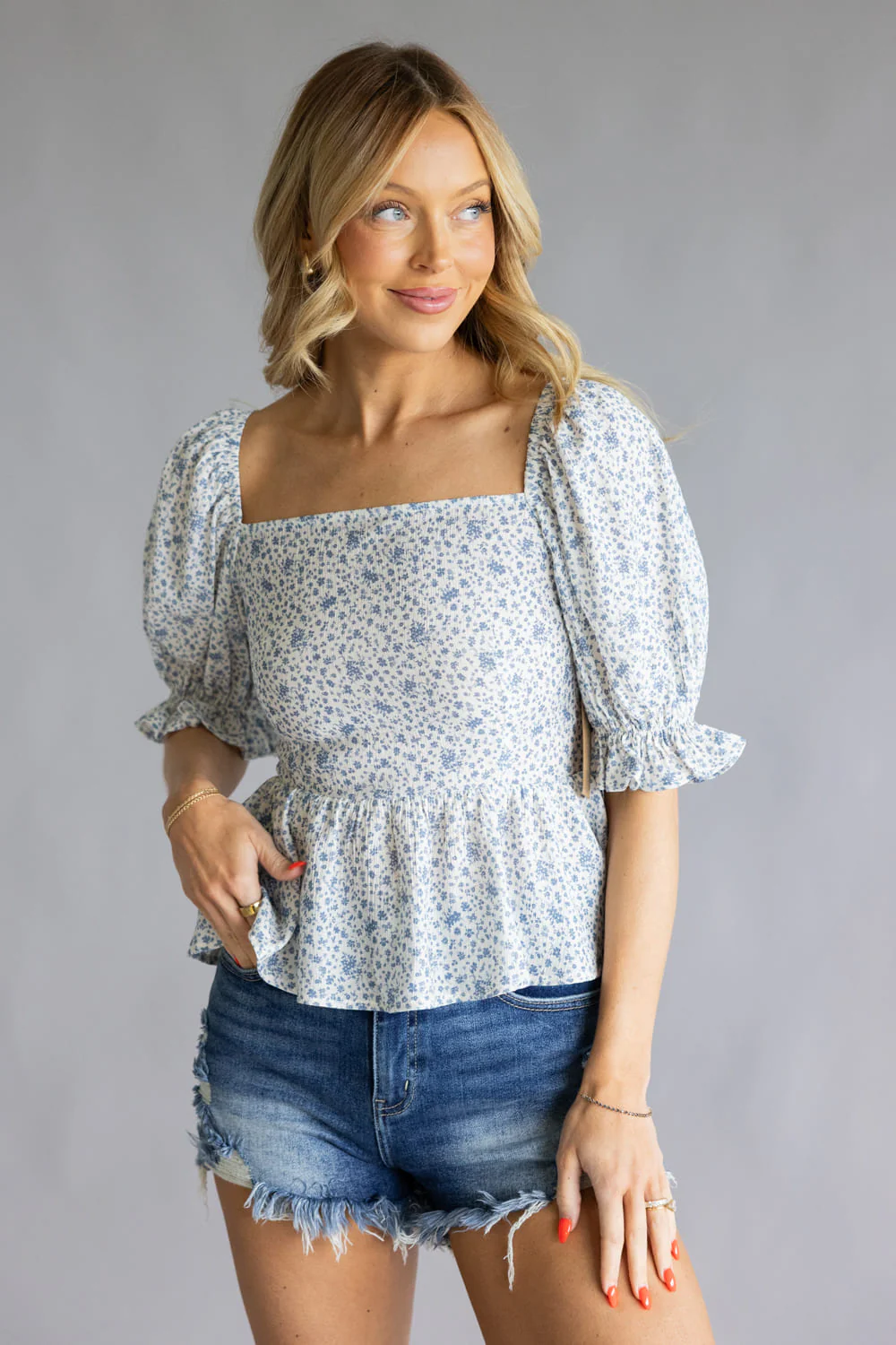 Floral Peplum Top for Women in Ivory/Blue | R602966-1-IRYBLU