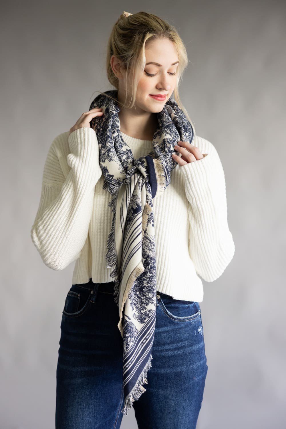 Floral Print Silk Scarf for Women in Navy | WCL520109-NVY