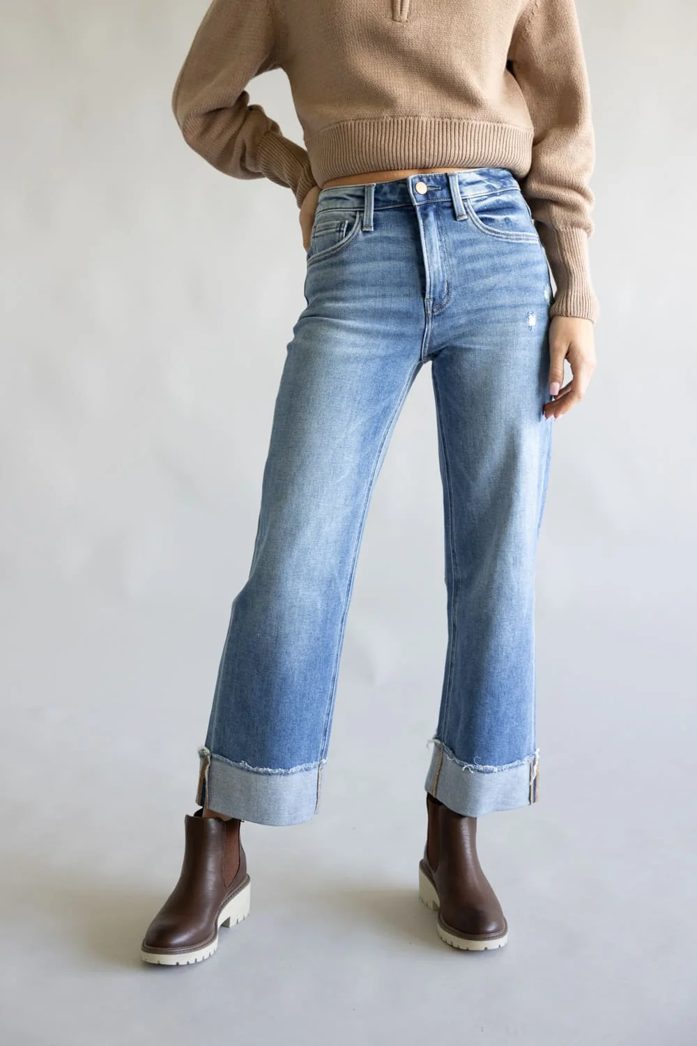 Flying Monkey Eclipse High Rise Cuffed Wide Leg Jeans for Women | F6204