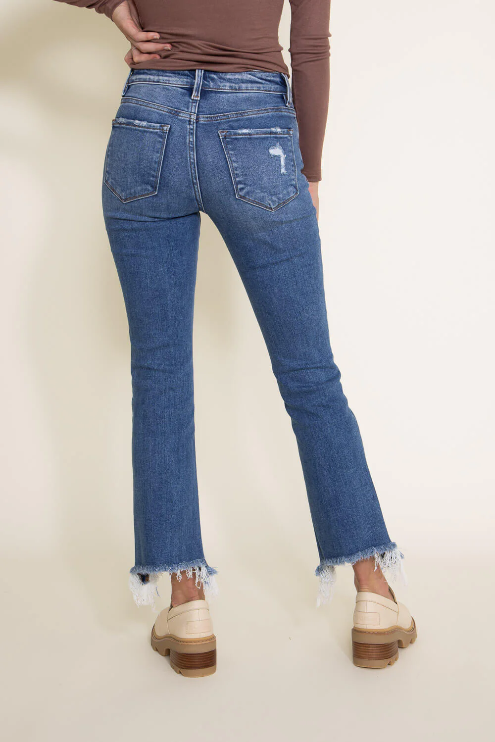 Flying Monkey Mid-Rise Destructed Hem Crop Bootcut Jeans for Women | F5011 - Image 2