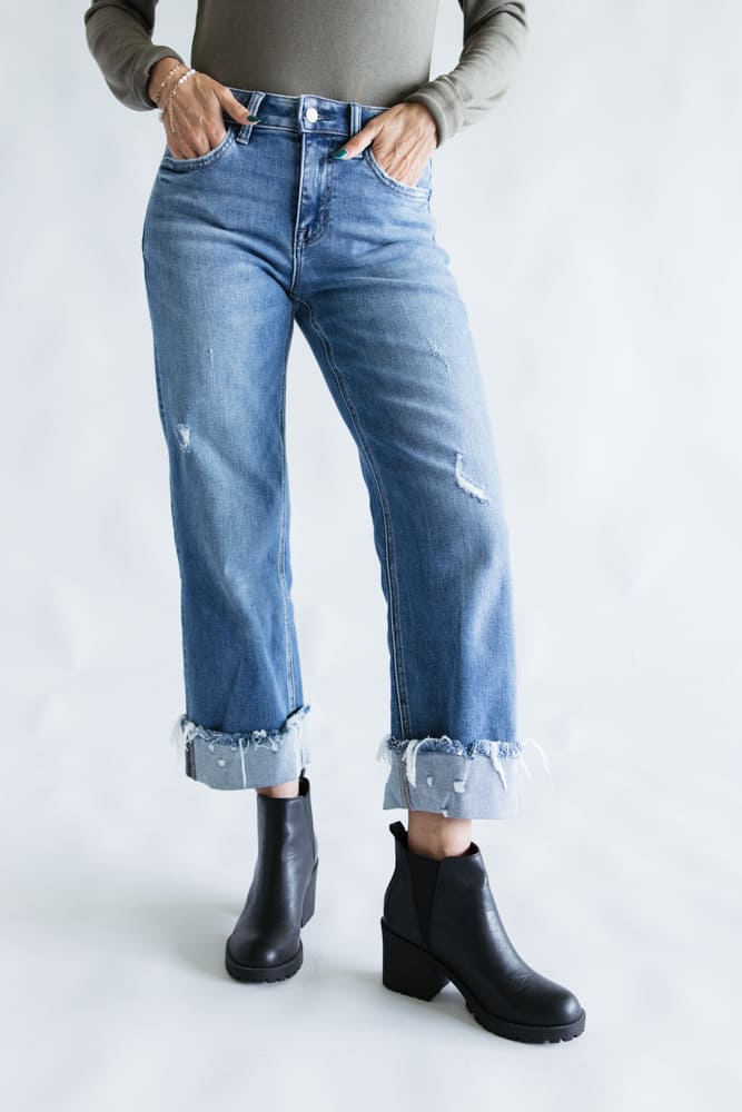 Flying Monkey Four Season Mid-Rise Cuffed Slim Wide Leg Jeans for Women | F5861