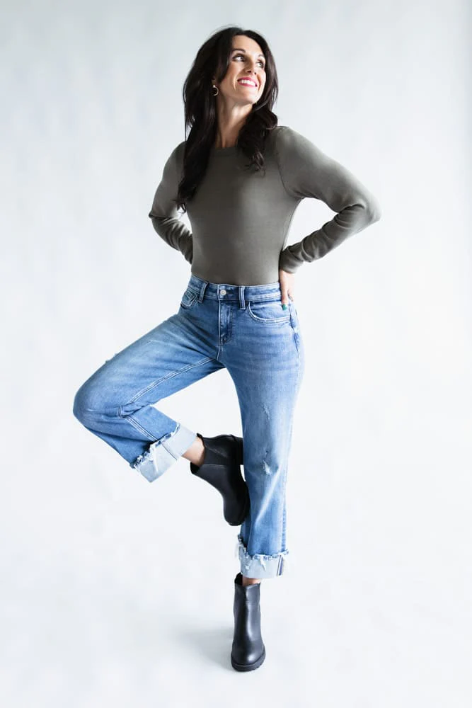 Flying Monkey Four Season Mid-Rise Cuffed Slim Wide Leg Jeans for Women | F5861 - Image 2