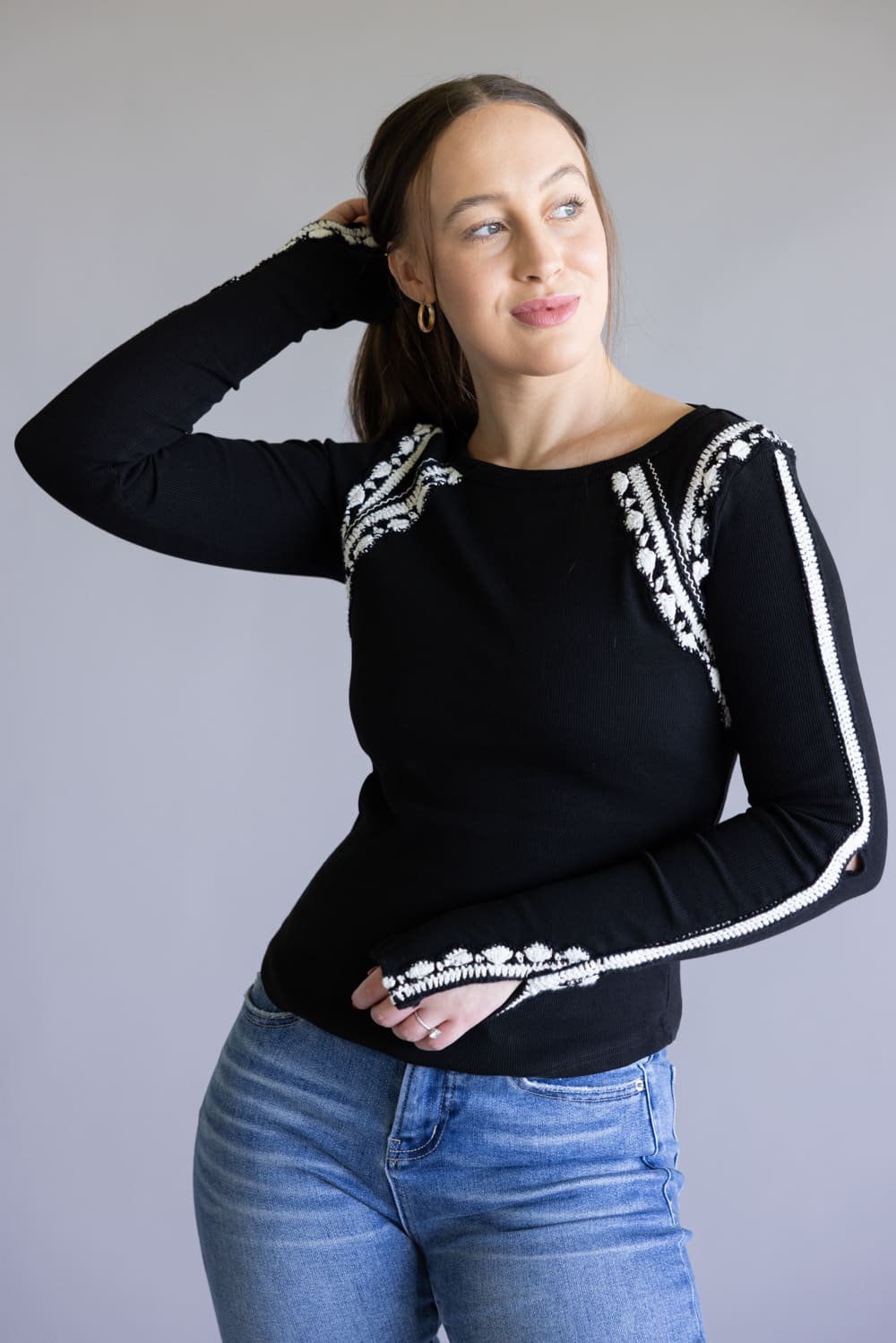 Free People Lost Love Long Sleeve Top for Women in Black | OB2113706-0098-BLACKCOMBO