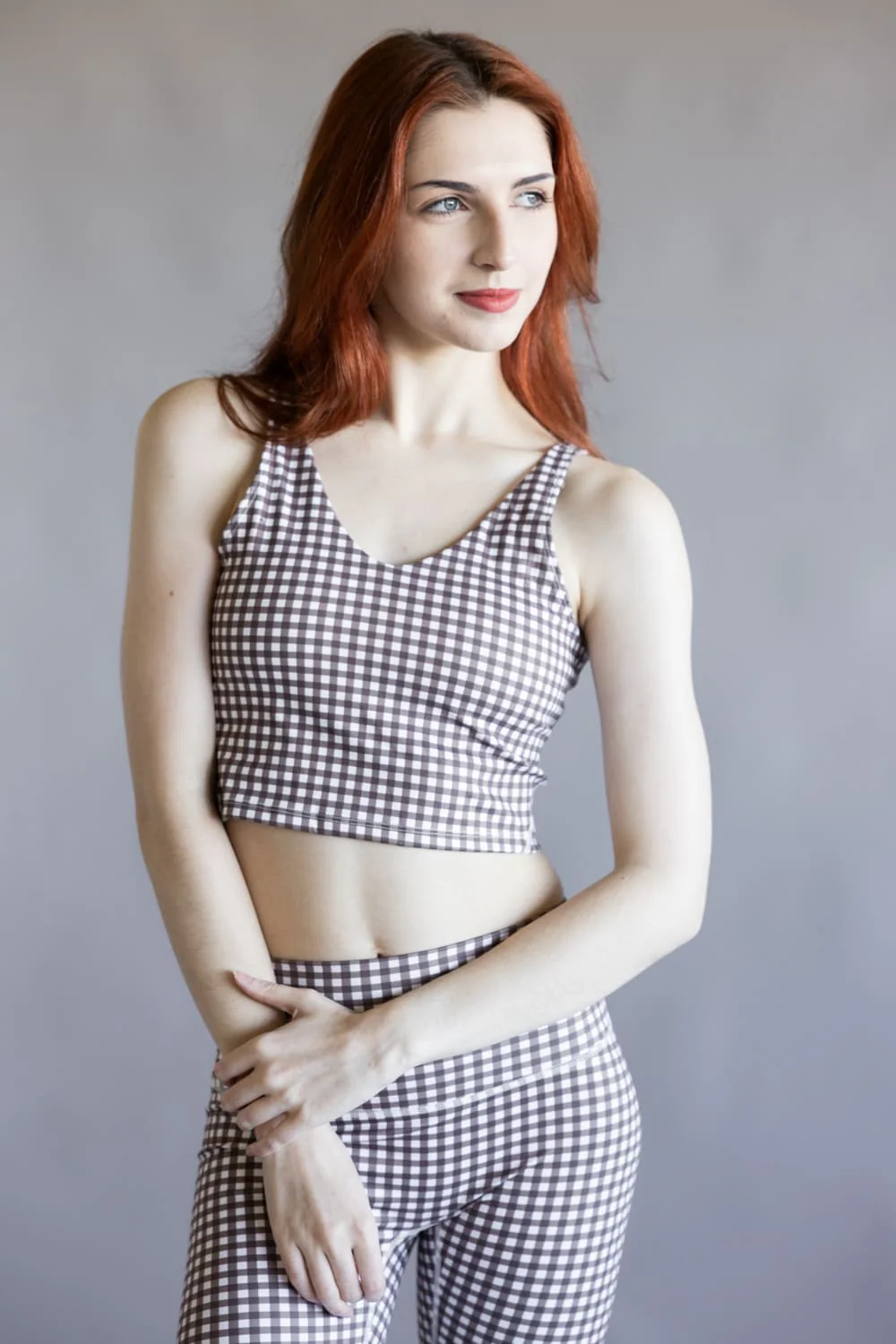 Gingham Crop Athletic Tank Top for Women in Brown/White | TP1152-1H-BROWN