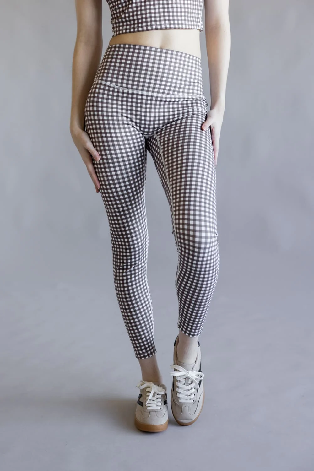 Gingham High-Rise Leggings for Women in Brown/White | YP70069-1-BROWN - Image 2