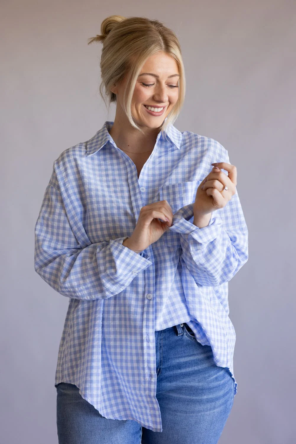 Gingham Oversized Button Up Shirt for Women in Light Blue | MT1595-LIGHTBLUE