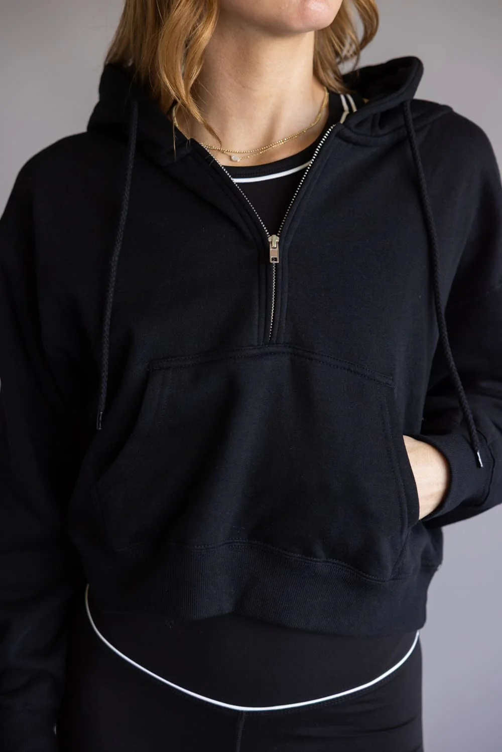 Half Zip Drawstring Fleece Hoodie for Women in Black | JK359-BLACK - Image 2