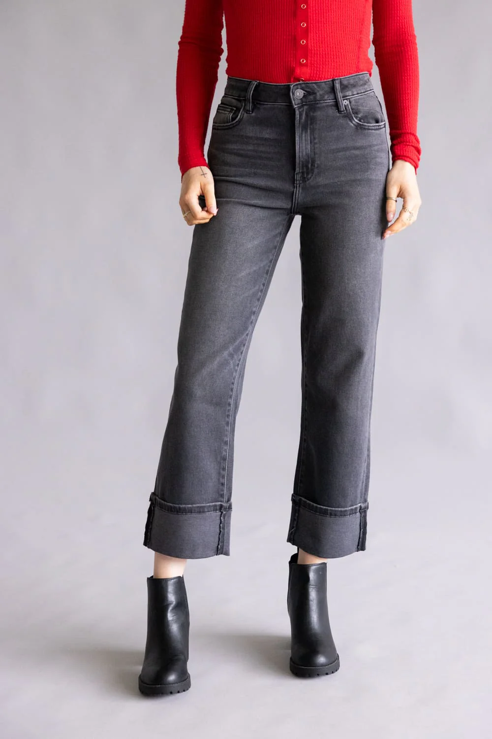 Hidden High Rise Ella Straight Leg Cuffed Jeans for Women in Black | HD1694WSC-CHA