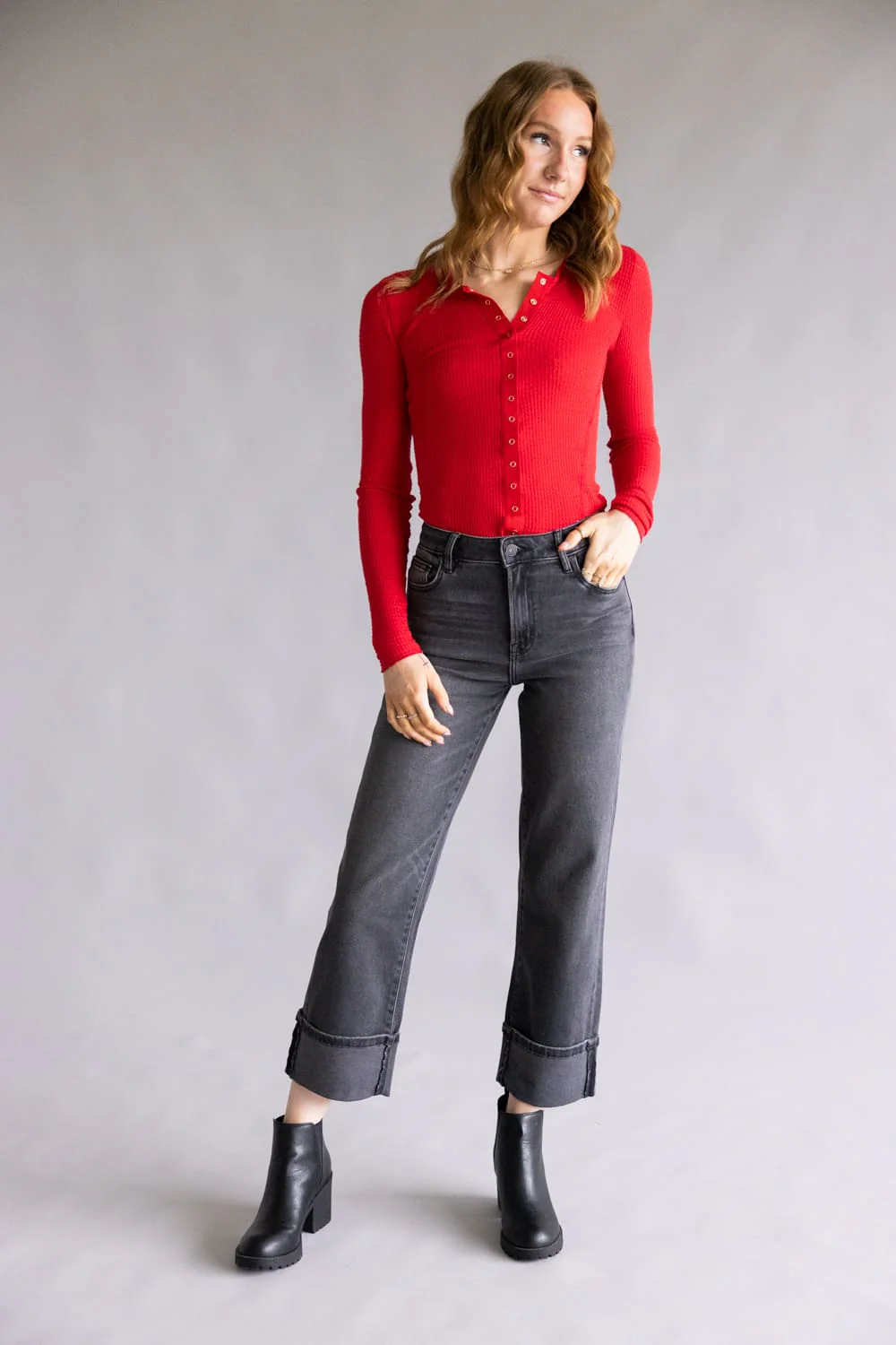 Hidden High Rise Ella Straight Leg Cuffed Jeans for Women in Black | HD1694WSC-CHA - Image 2