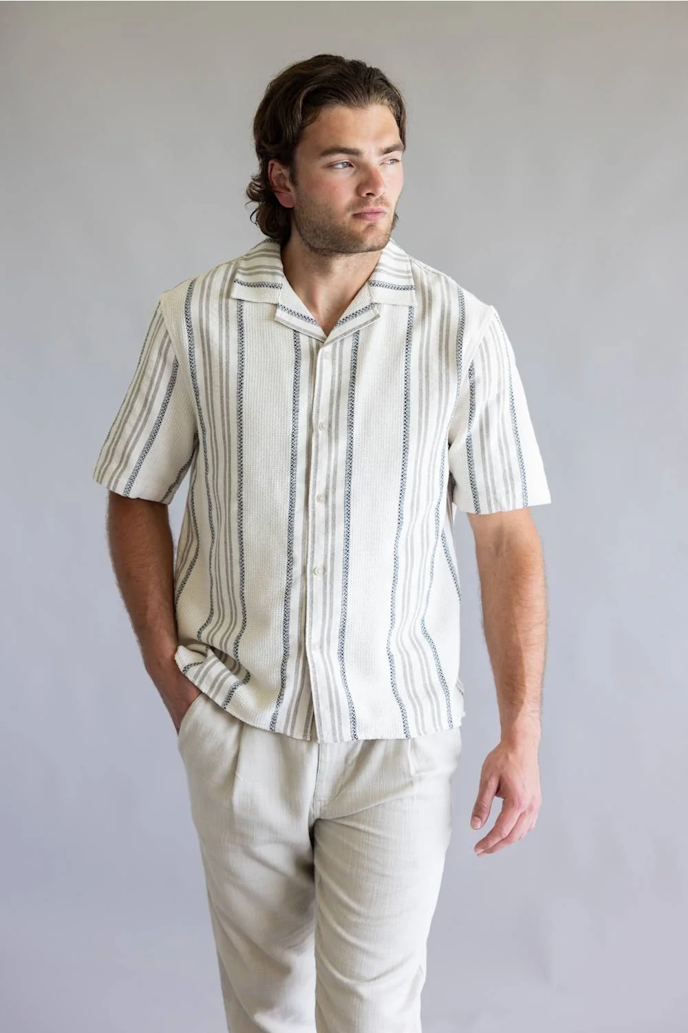 Industrie Carmona Woven Button Up Shirt for Men in Beige/Black | MTS39792SS-BEIGEBLACKCARAMEL