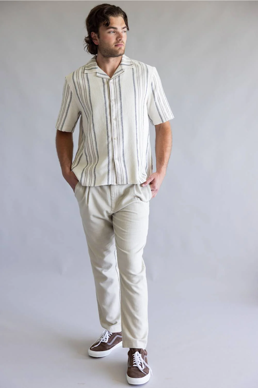 Industrie Carmona Woven Button Up Shirt for Men in Beige/Black | MTS39792SS-BEIGEBLACKCARAMEL - Image 2