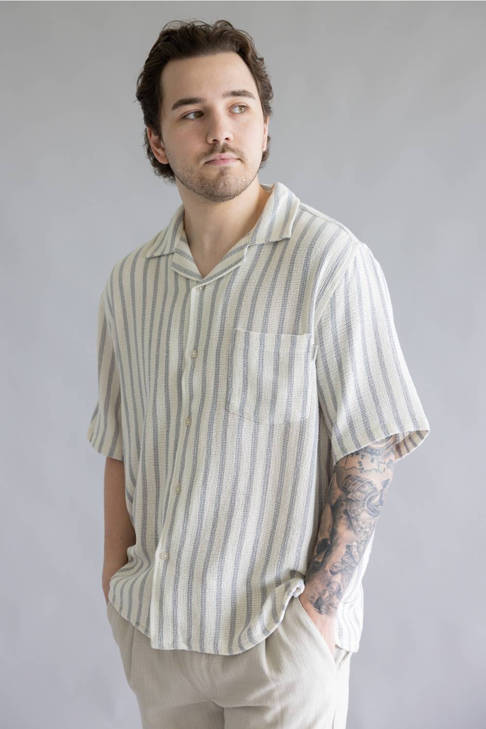 Industrie Cresta Woven Button Up Shirt for Men in Blue/Off White | MTS39885SS-OFFWHITEBLUE