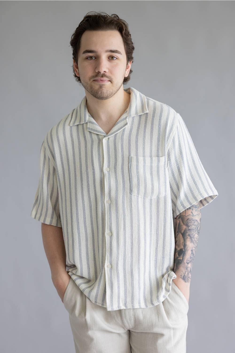 Industrie Cresta Woven Button Up Shirt for Men in Blue/Off White | MTS39885SS-OFFWHITEBLUE - Image 5
