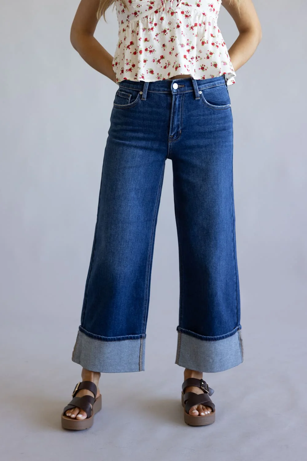 JBD Liv High Rise Cuffed Slim Wide Leg Petite Jeans for Women | DP847-DARKDENIM