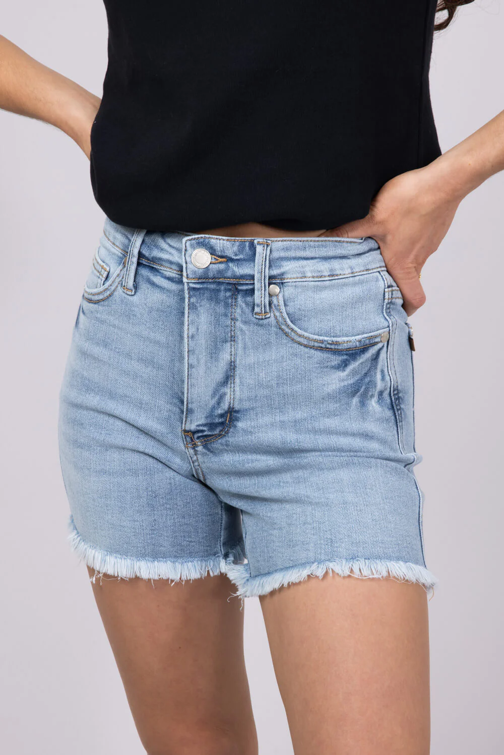 Judy Blue Mid Rise Tummy Control Raw Hem Denim Shorts for Women | 150331REG