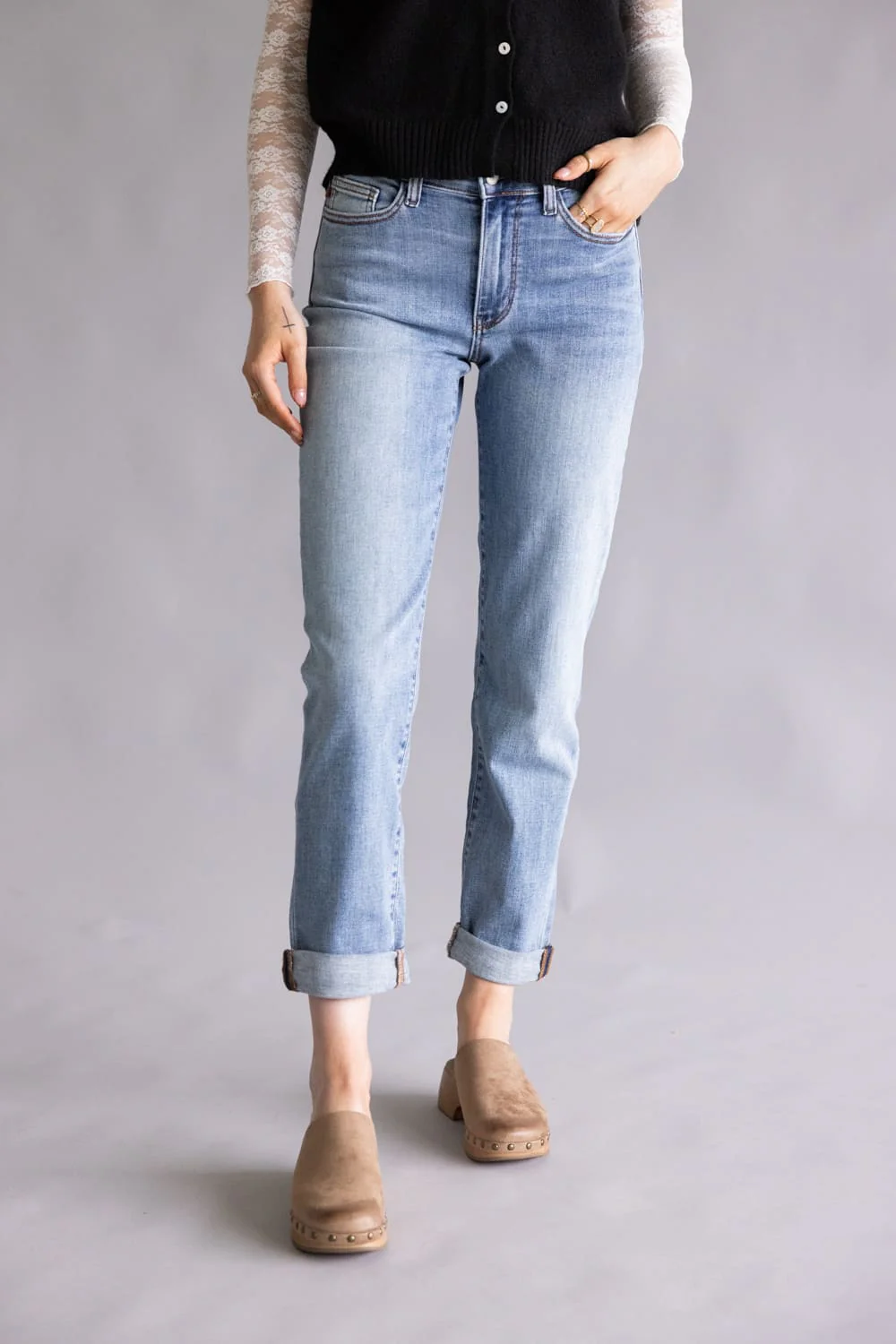 Judy Blue Mid-Rise Clean Cuffed Boyfriend Jeans for Women | 82703REG