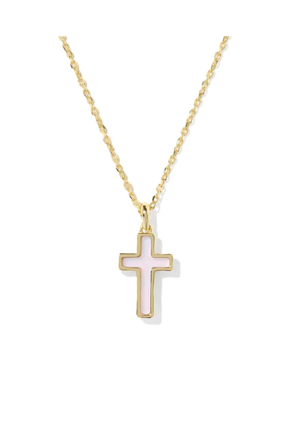Kendra Scott Cross Gold Pendant Necklace in Matte Blush Pink Dichroic Glass | 9608895462