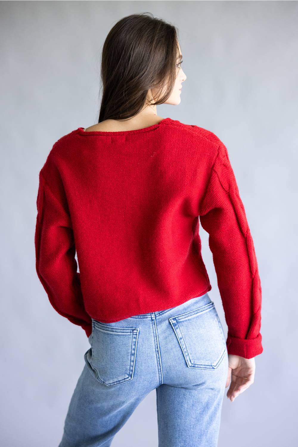 La Miel V-Neck Cable Knit Sweater for Women in Red | JDS3619-LOVERED - Image 3