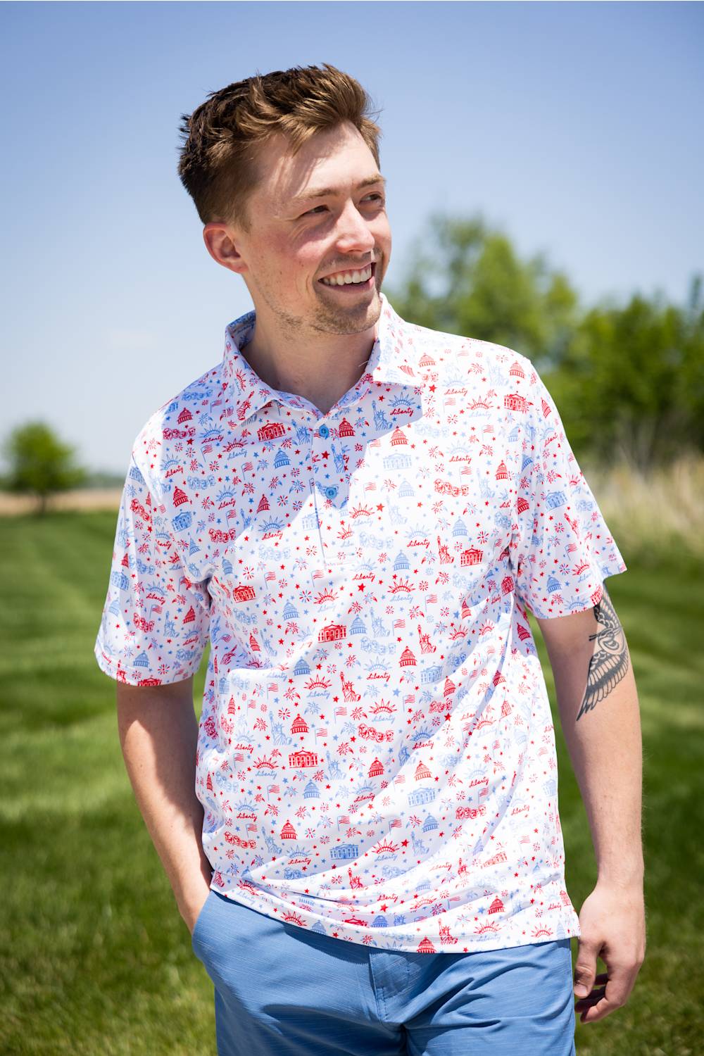 Lady Liberty Printed Polo for Men in White | BB471-WHITE - Image 2