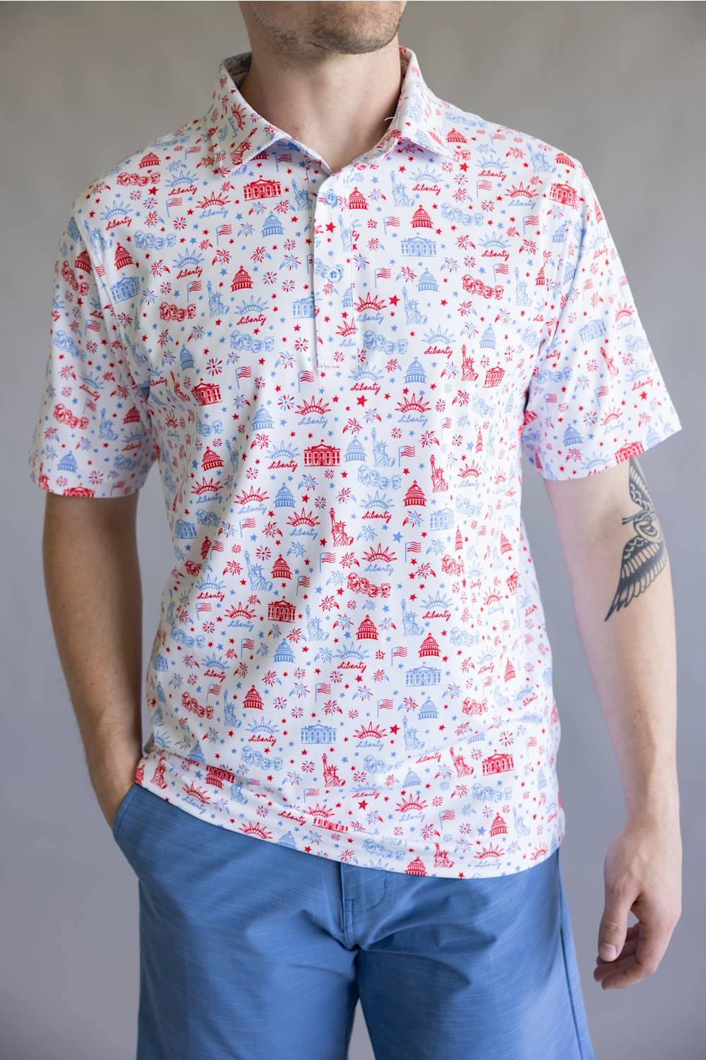 Lady Liberty Printed Polo for Men in White | BB471-WHITE - Image 3