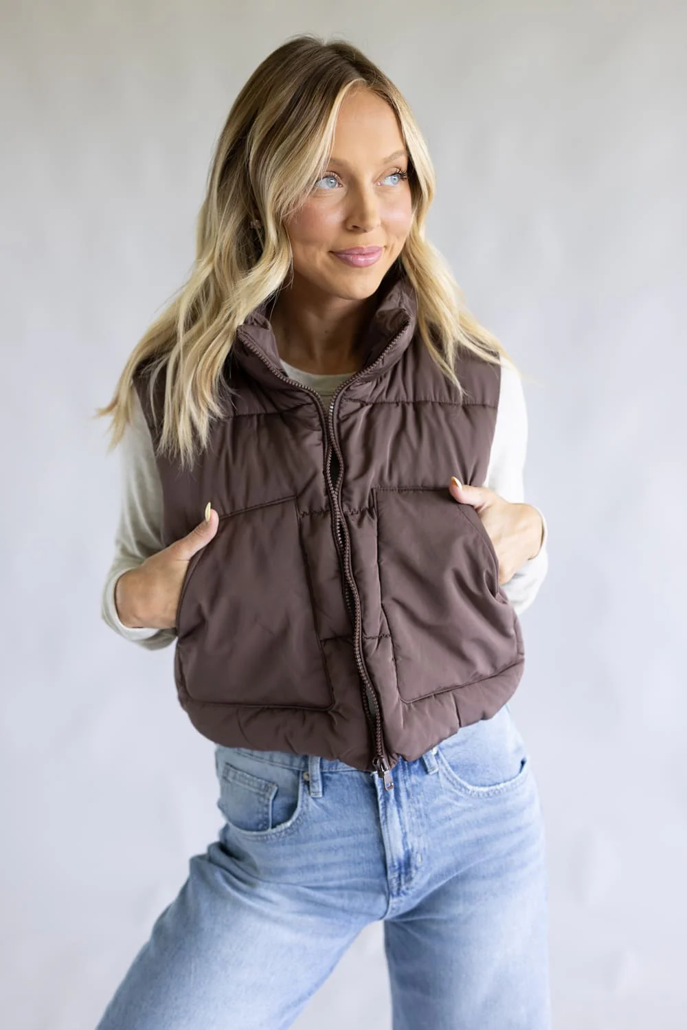 Love Tree Cropped Puffer Vest for Women in Espresso | 5073VM-ESPRESSO