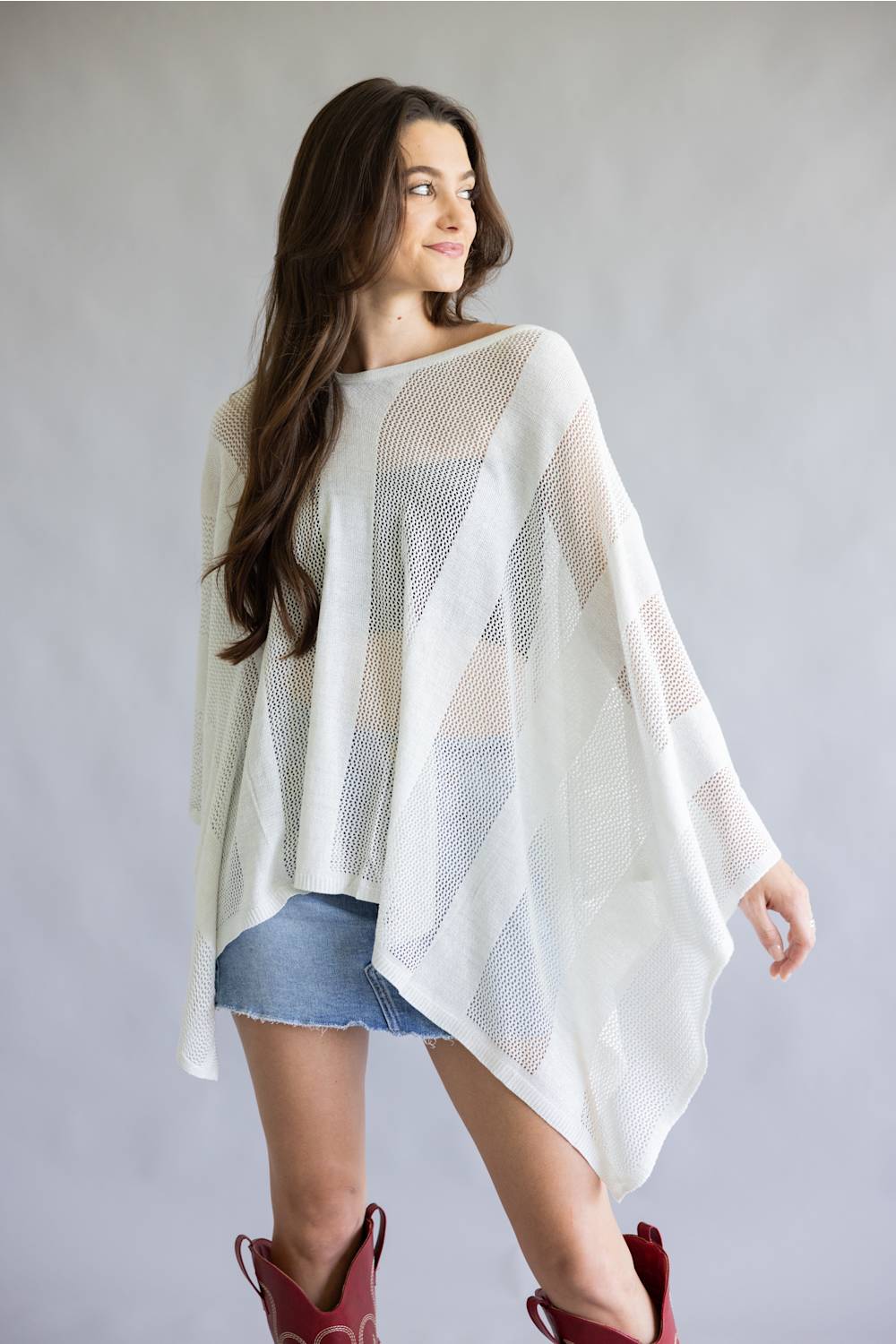 Open Knit Poncho for Women in Ivory | WLP410132-IVORY - Image 4
