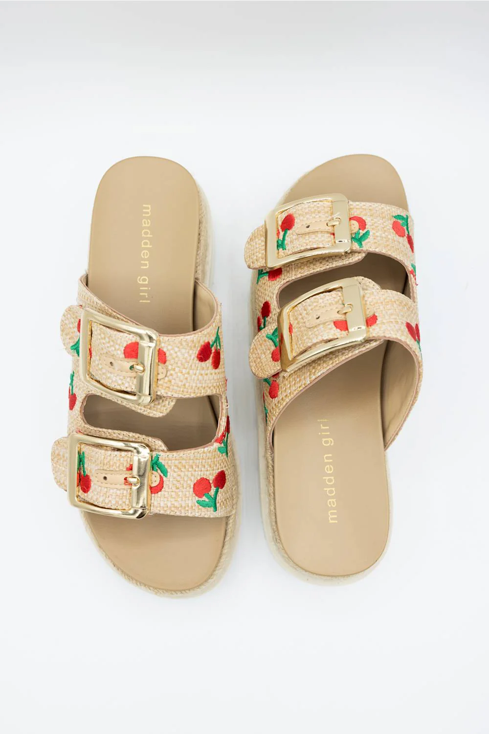 Madden Girl Mythical 2 Band Cherries Platform Sandals for Women in Sand | MYTHICAL-CHERRIES