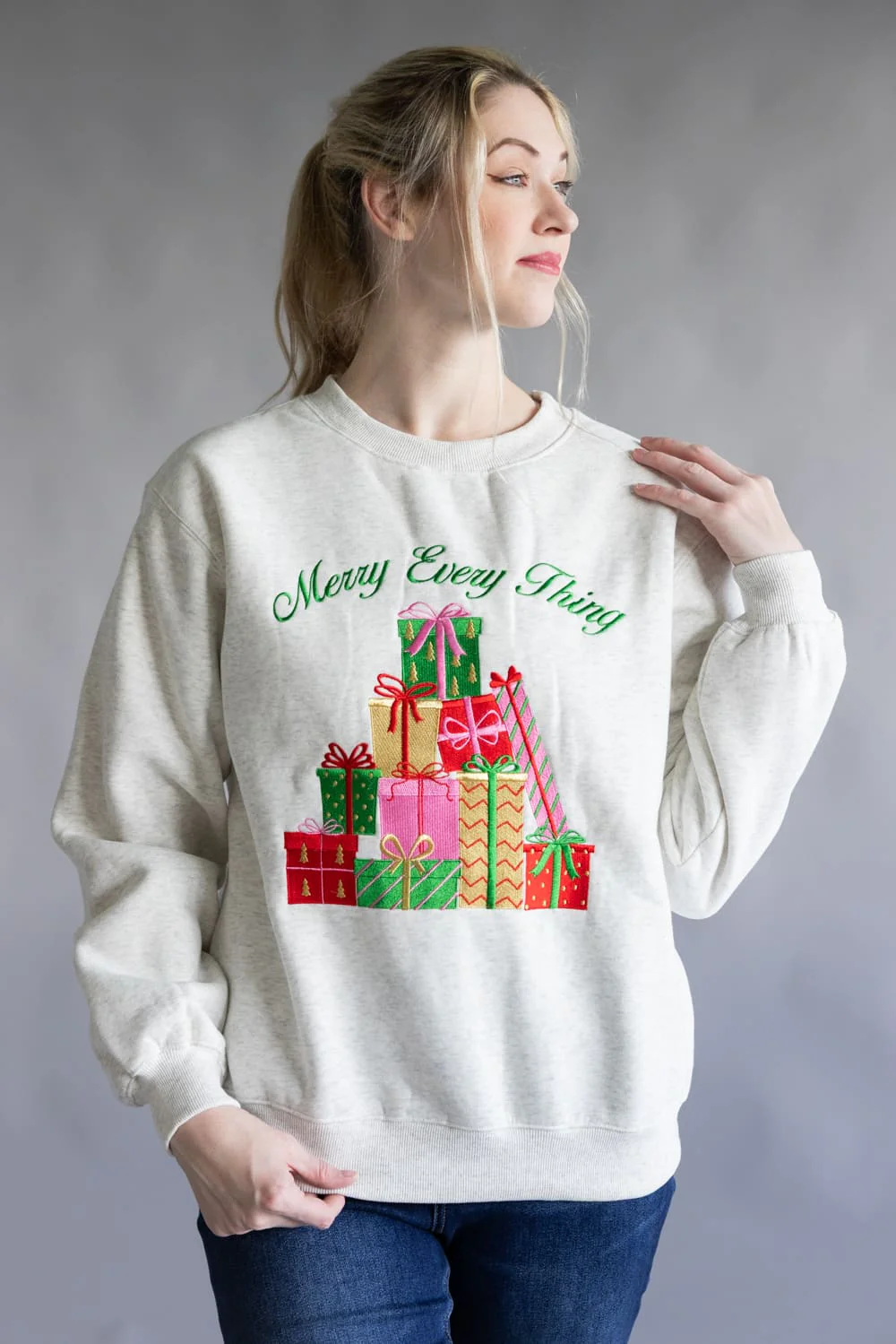 Merry Everything Embroidered Sweatshirt for Women in Heather Gray | IKT300293-01-HGREY