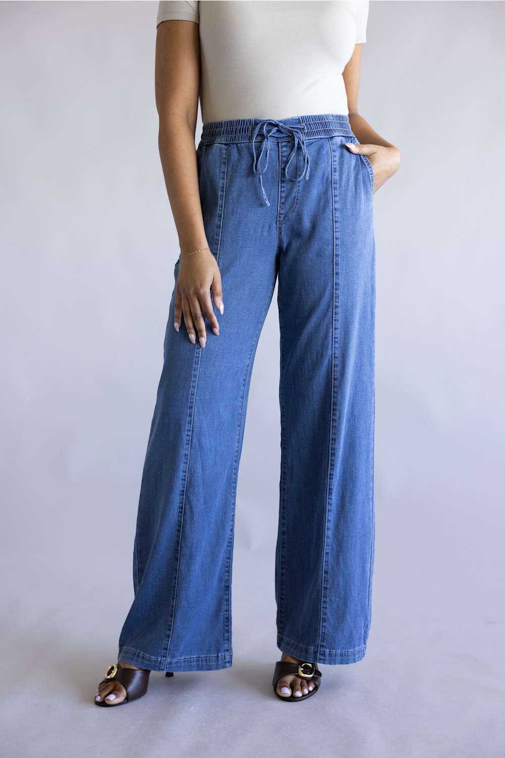 Mica High Rise Drawstring Wide Leg Pants for Women in Denim | MDP-G3768M