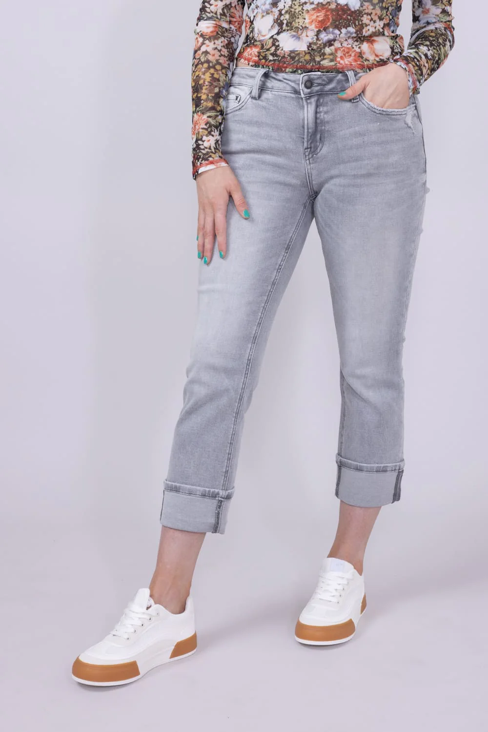 Mica Mid Rise Cuffed Straight Jeans for Women in Grey | MDP-T3385 - Image 2