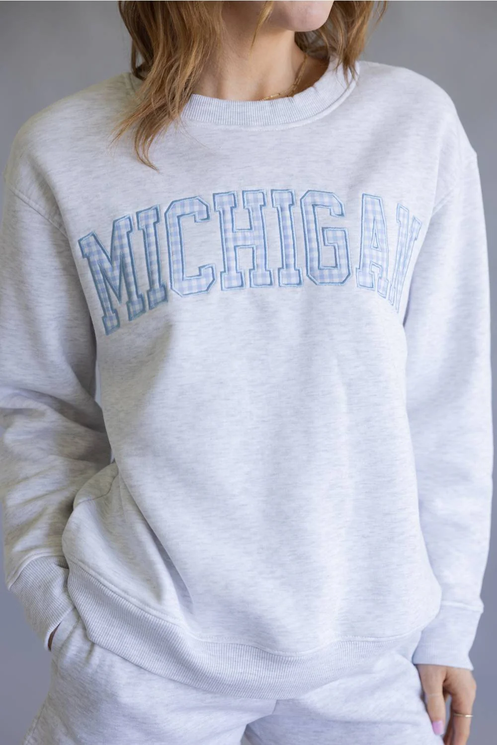 Ocean Drive Michigan Gingham Crewneck for Women in Light Grey/Light Blue | B14114-MI-APPCREW-GREY - Image 2