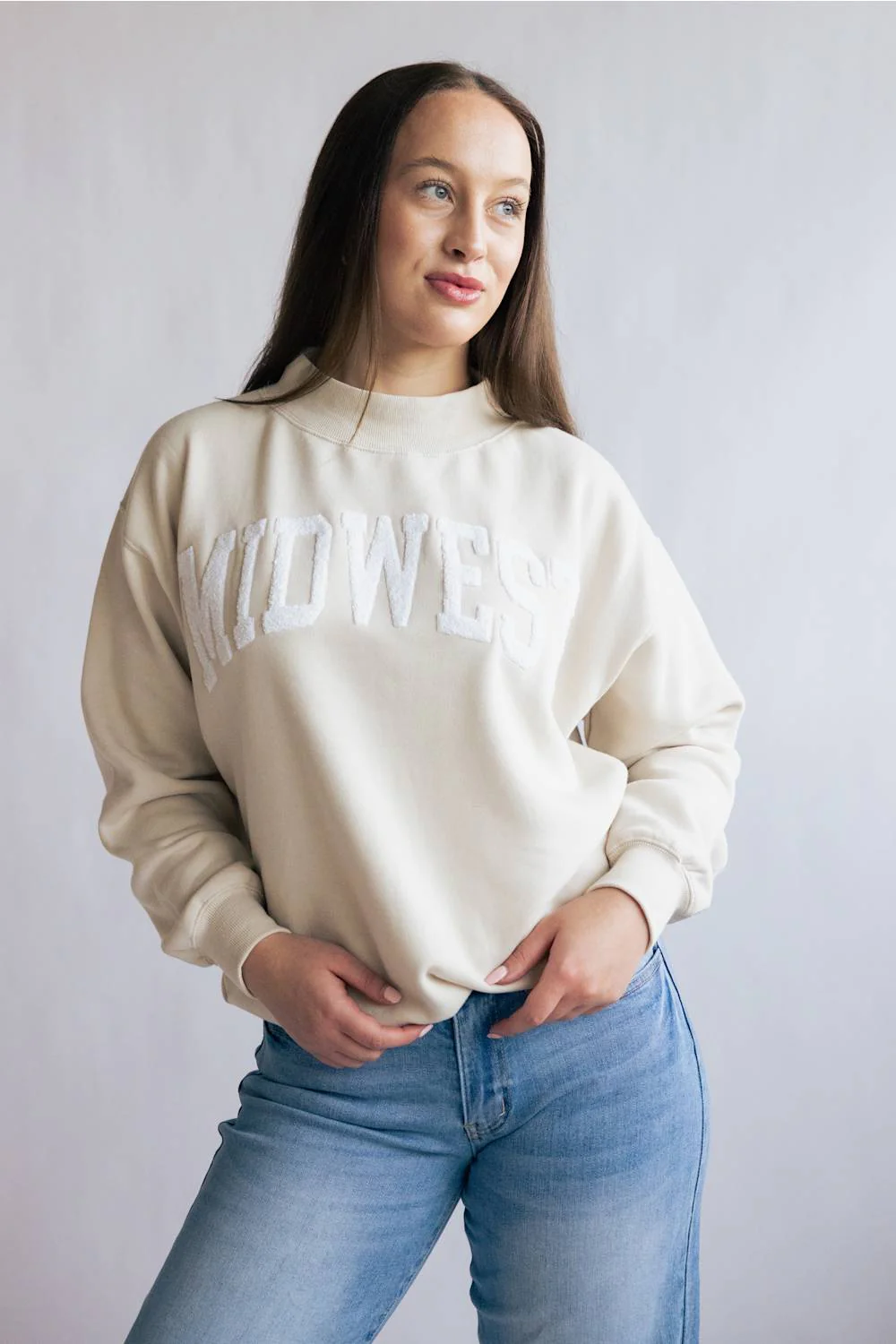 Clovier Midwest Chenille Patch Fleece Mock Neck Sweatshirt for Women in Beige | GT854-BEIGE - Image 6