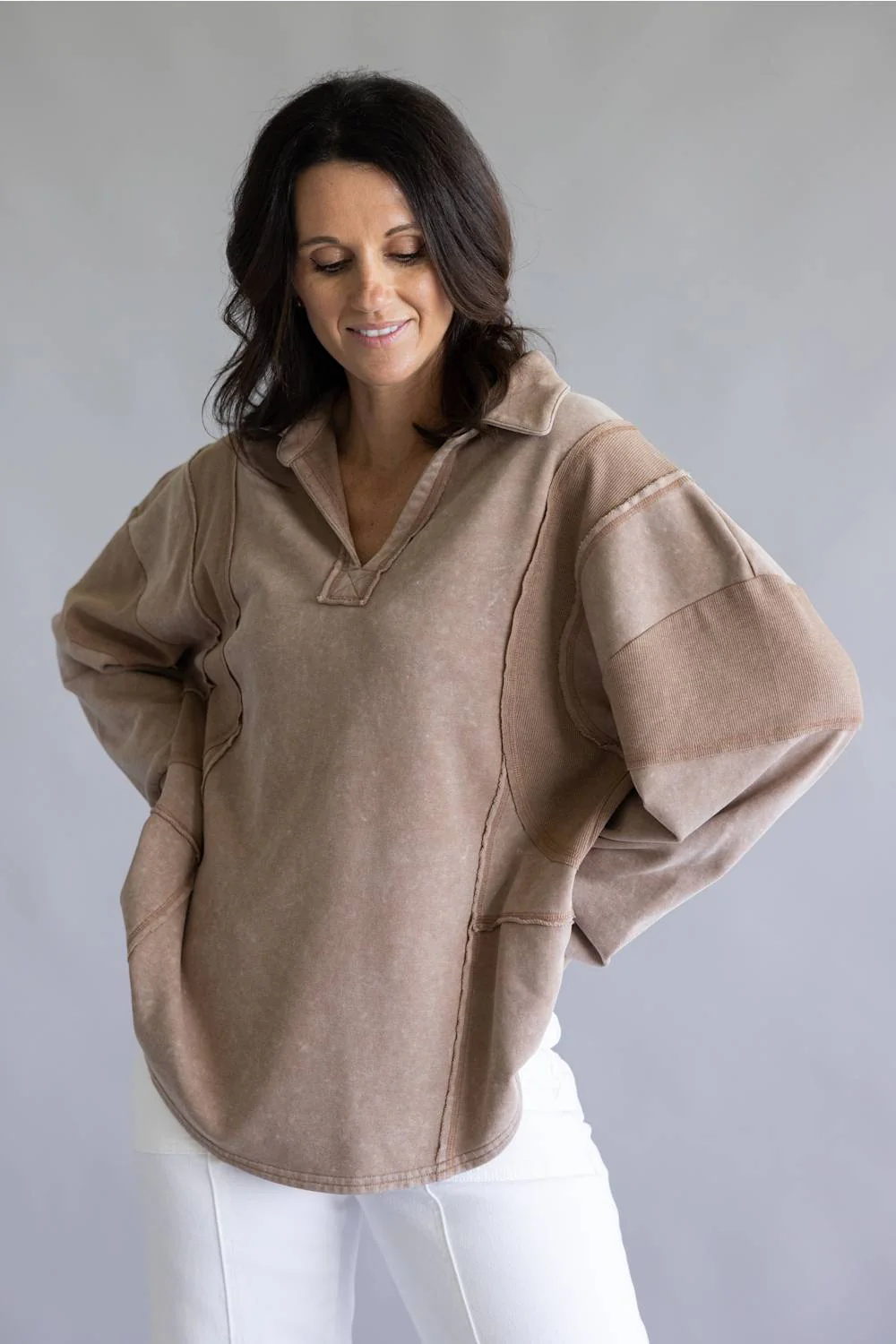 Mineral Wash Oversized French Terry Top for Women in Mocha | NT12267-MOCHA - Image 2