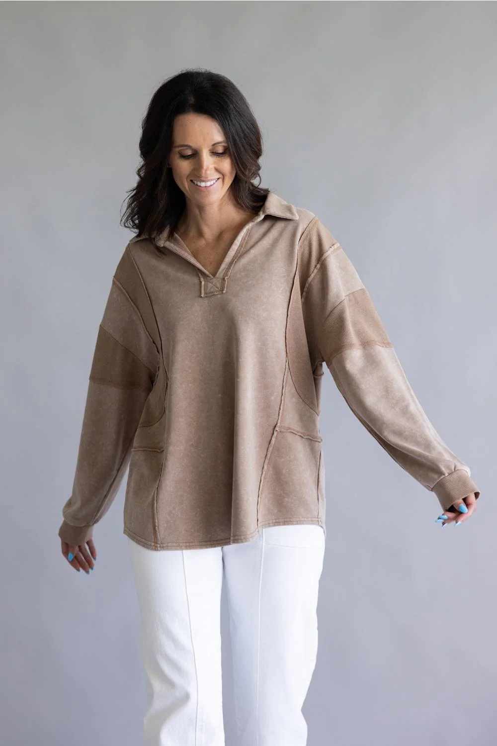 Mineral Wash Oversized French Terry Top for Women in Mocha | NT12267-MOCHA - Image 4