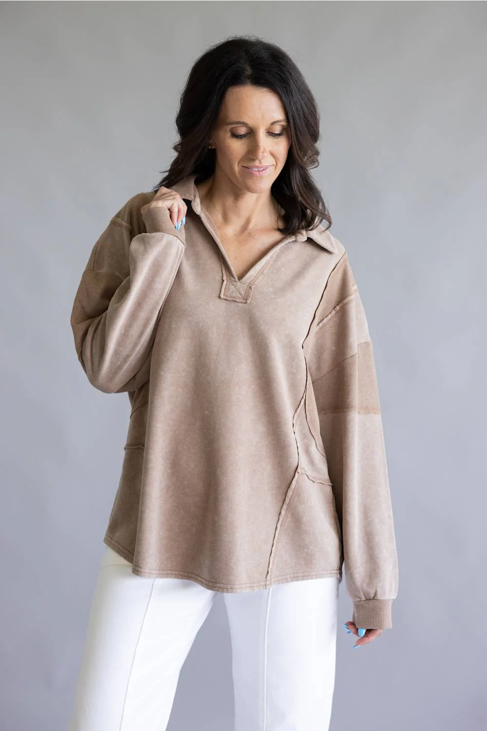 Mineral Wash Oversized French Terry Top for Women in Mocha | NT12267-MOCHA - Image 5