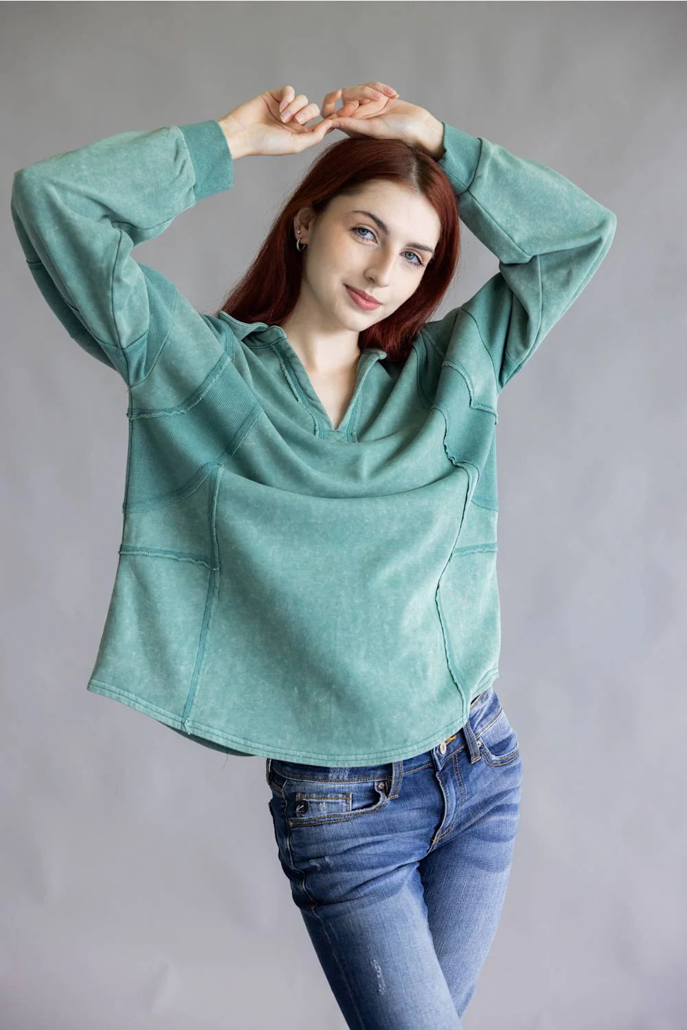 Mineral Wash Oversized French Terry Top for Women in Sage | NT12267-SAGE - Image 3