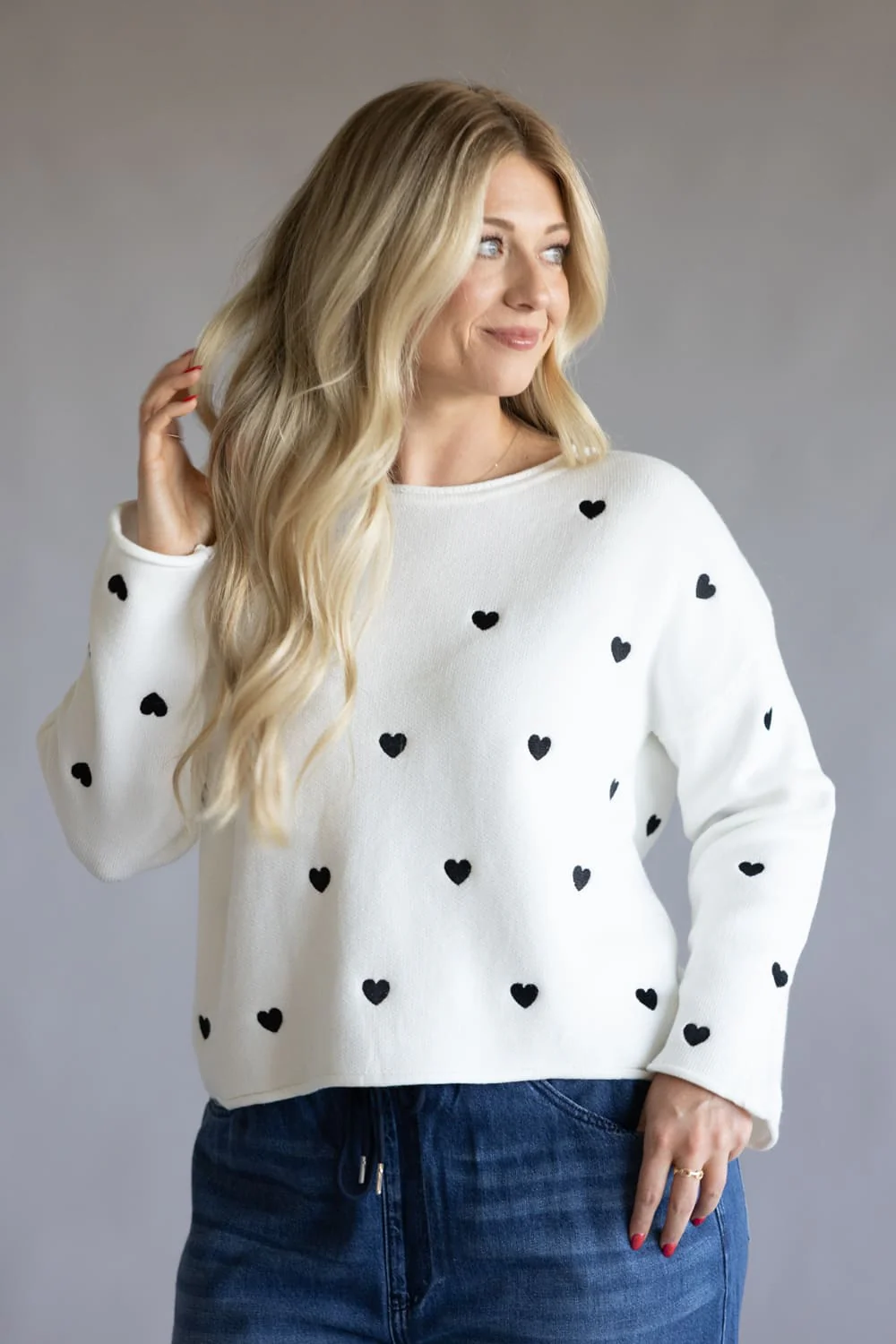 Miracle Heart Confetti Embroidered Crop Sweater for Women in Ivory Black | W8379-IVORYBLACK