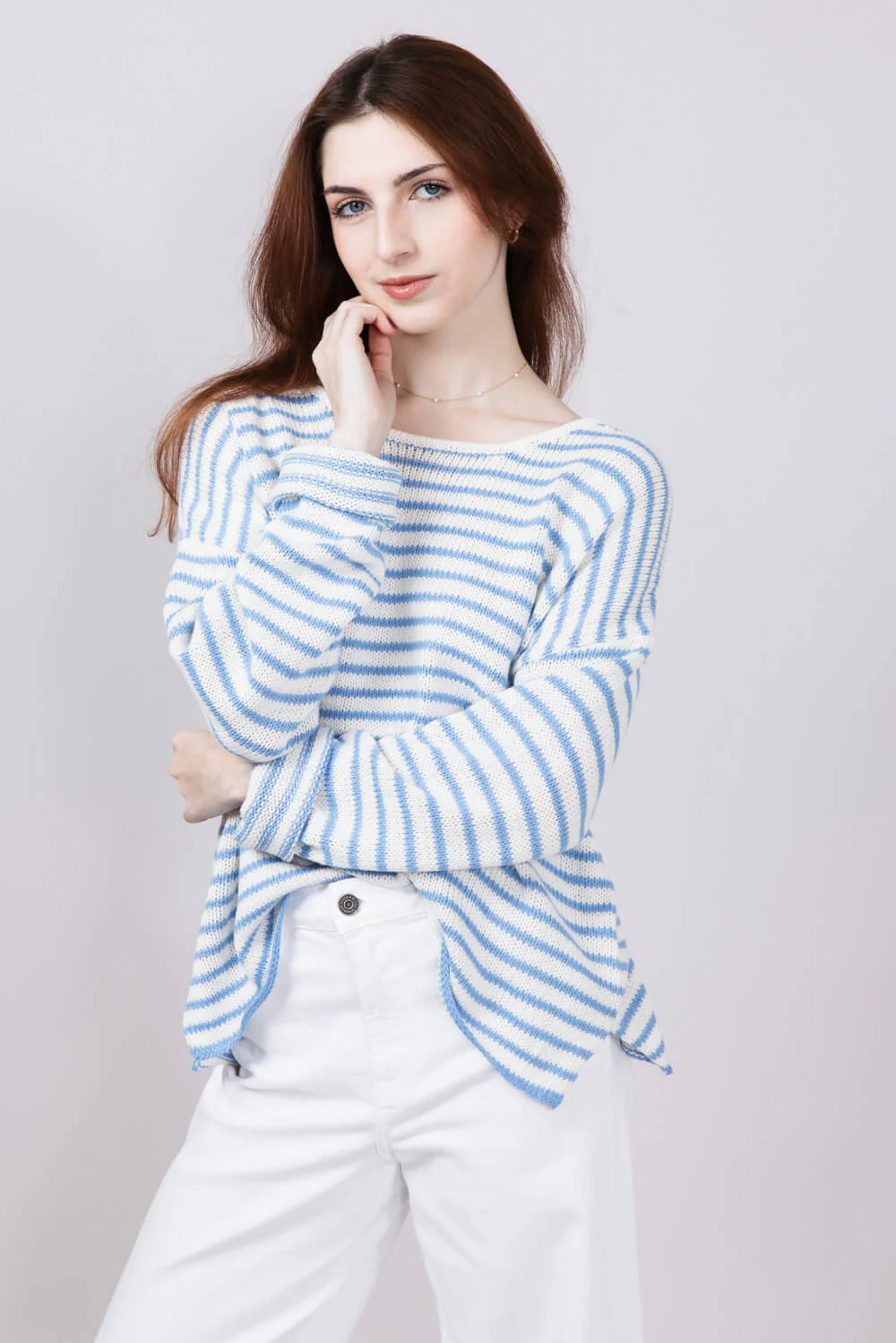 Miracle Lightweight Gauge Stripe Sweater for Women in Cream/Light Blue | F189-CREAMSKYBLUE