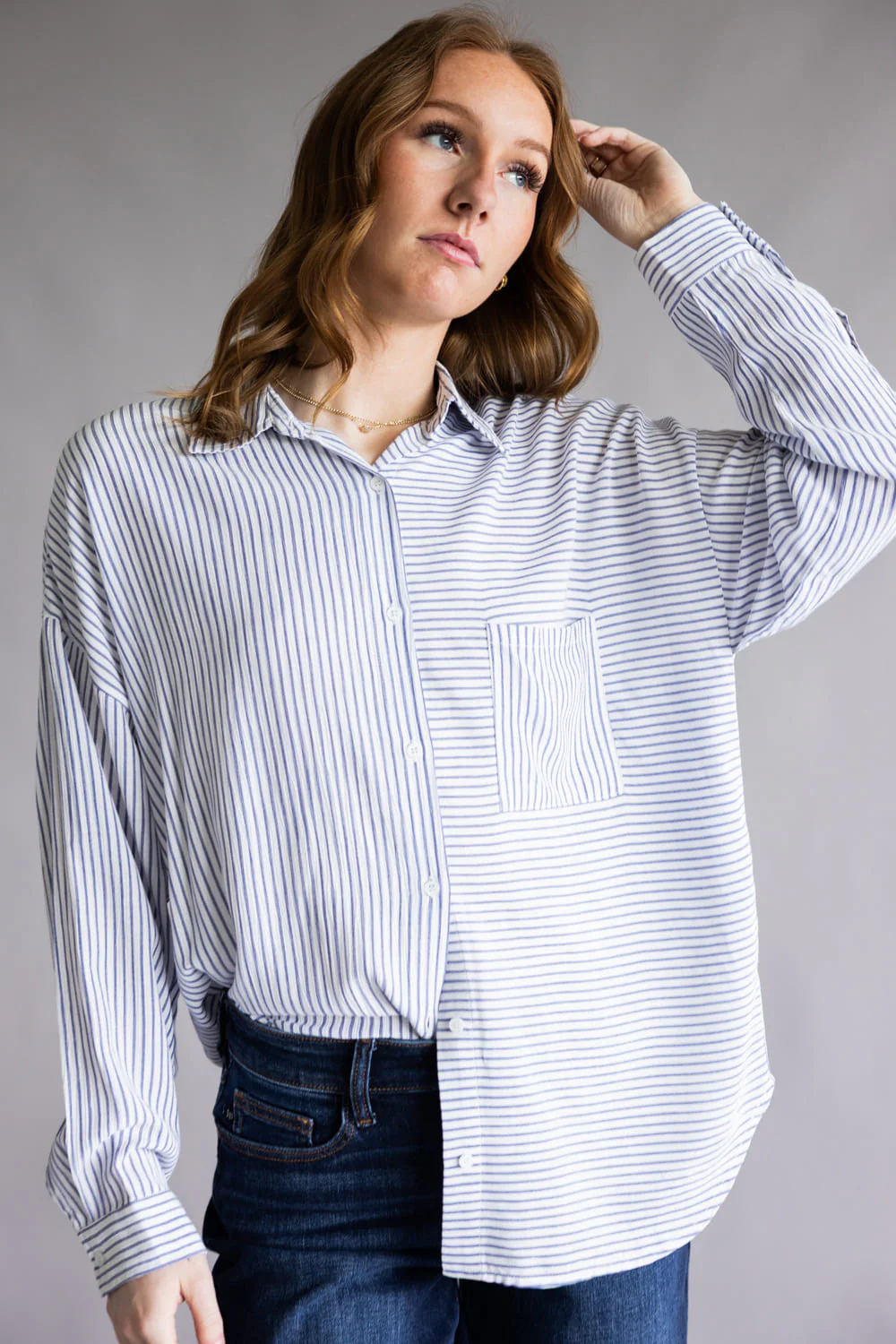 Mix Stripe Button Up Top for Women in Blue | ACT12305-BLUE - Image 3